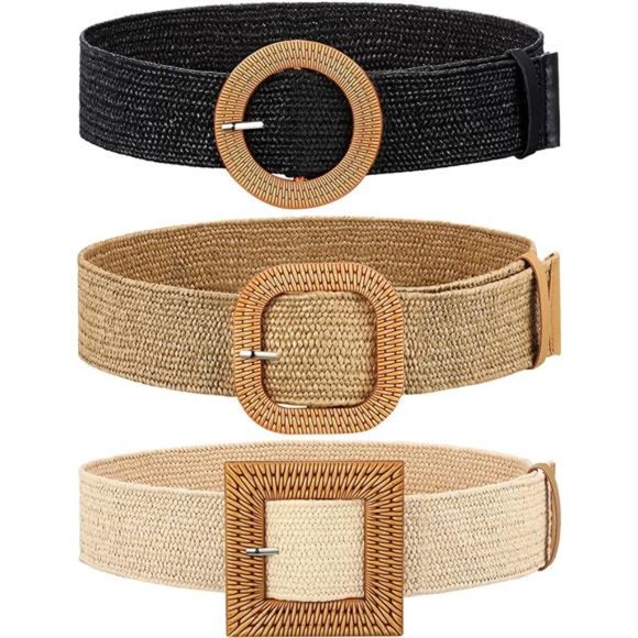 3 Pieces Straw Woven Elastic Waist Belt for Women Bohemian Dress Braided Belt main image 6